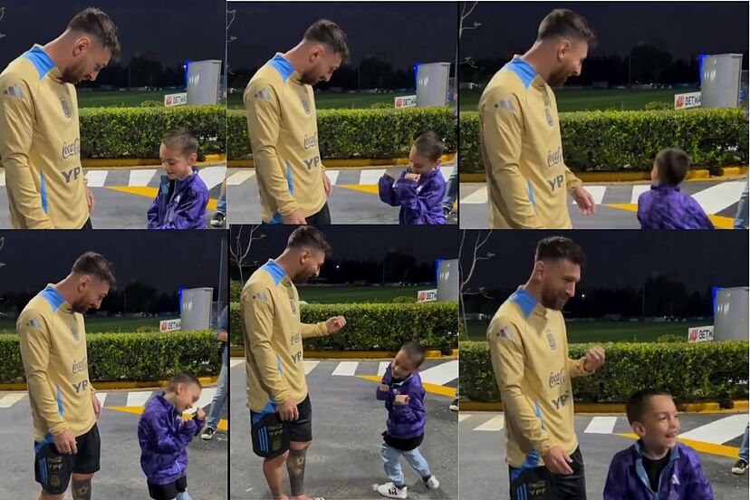 Messi nói chuyện với CĐV đang thực hiện màn ăn mừng Messi nói chuyện với CĐV đang thực hiện màn ăn mừng