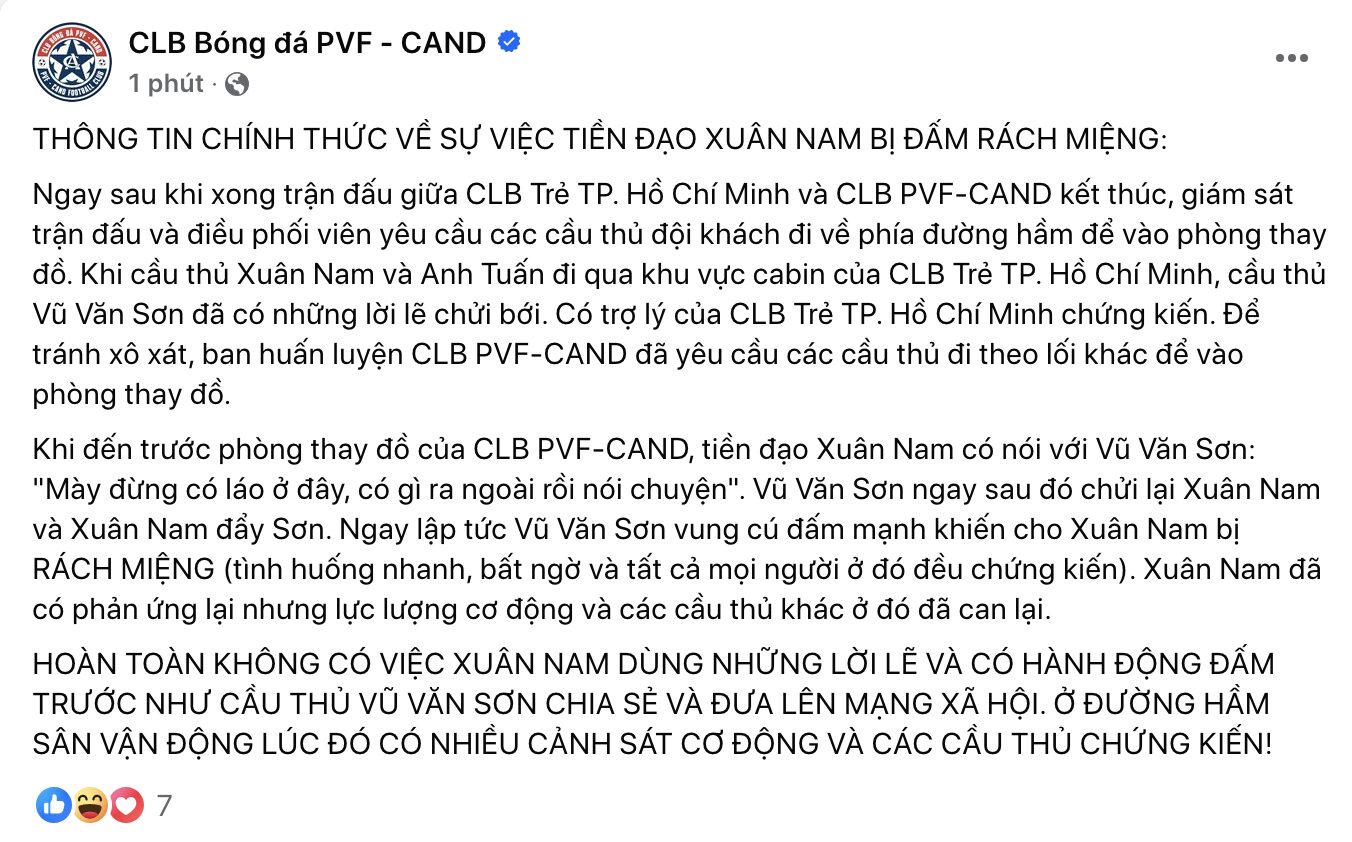 Vụ ẩu đả gây đổ máu: CLB của Xuân Nam lên tiếng rồi… xóa bài, VFF ra án- Ảnh 1. Vụ ẩu đả gây đổ máu: CLB của Xuân Nam lên tiếng rồi… xóa bài, VFF ra án- Ảnh 1.